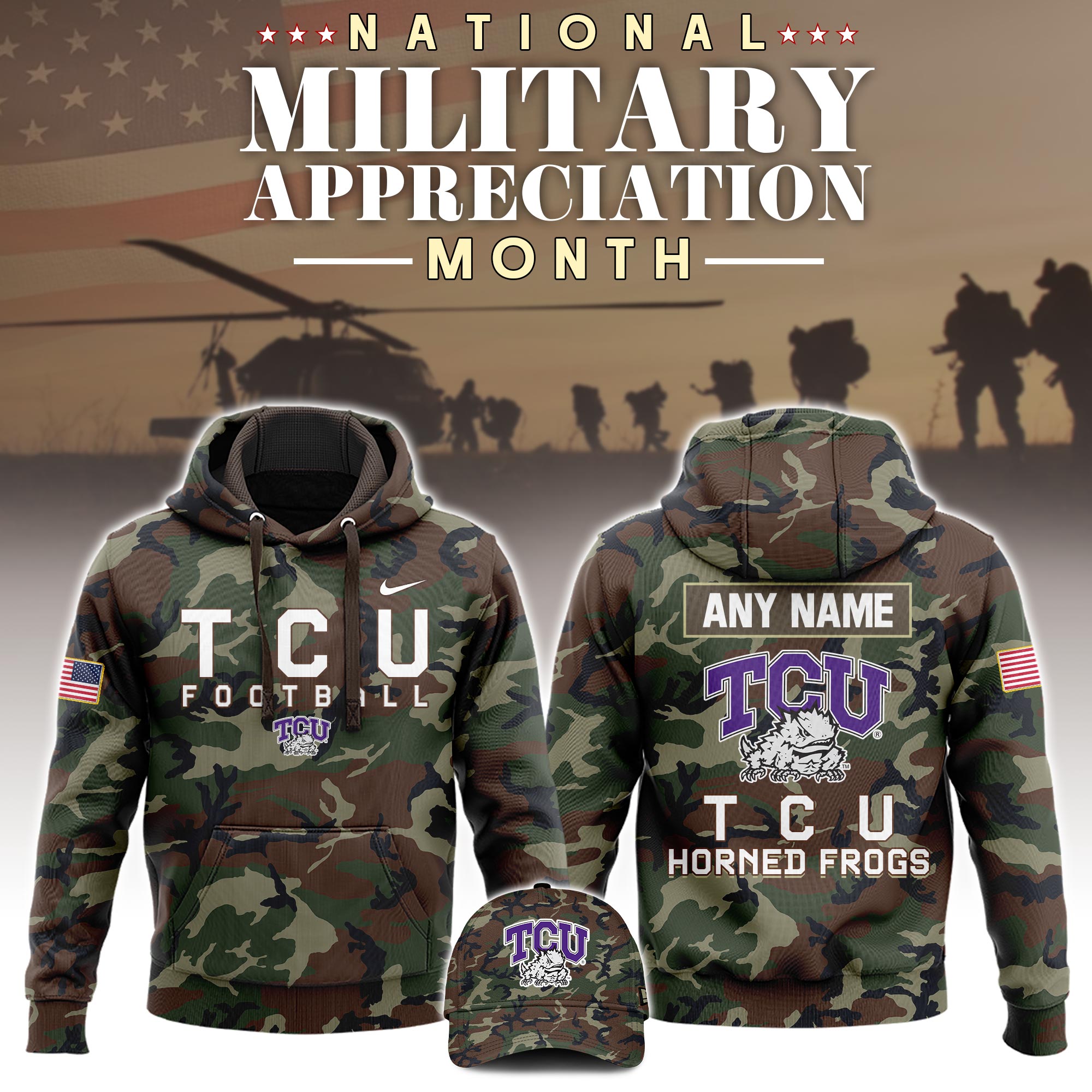 Buildercar - TCU Horned Frogs Football 2025 Military Appreciation Custom Name NCAA Hoodie Tracksuit