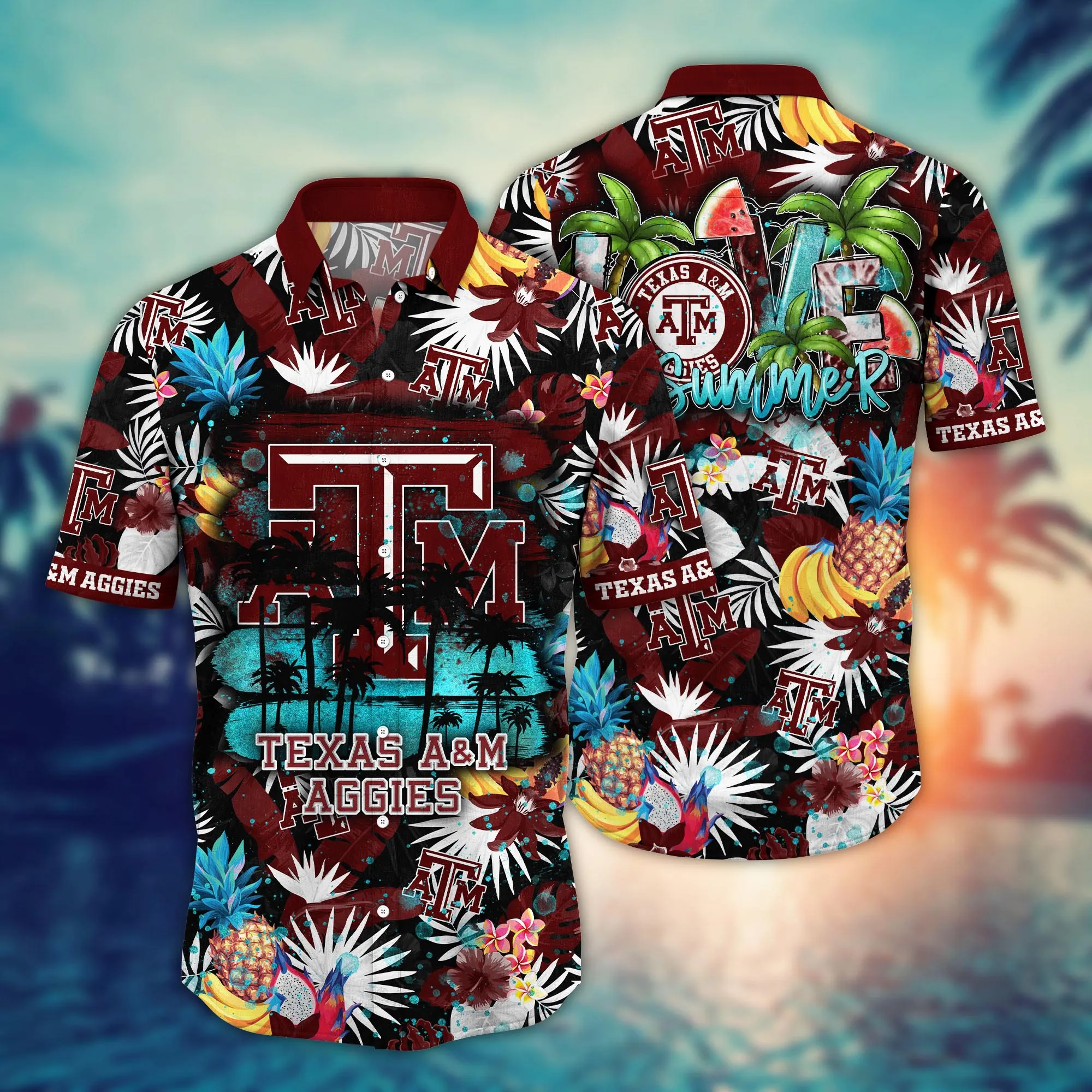 Buildercar - Texas A&M Aggies Black Palm Pineapple Flowers Hawaiian Shirt