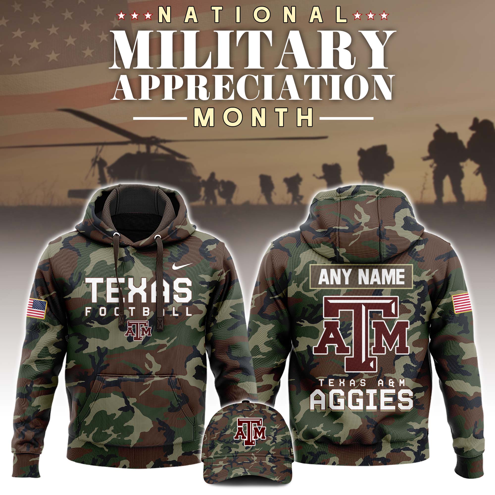 Buildercar - Texas A&M Aggies Football 2025 Military Appreciation Custom Name NCAA Hoodie Tracksuit
