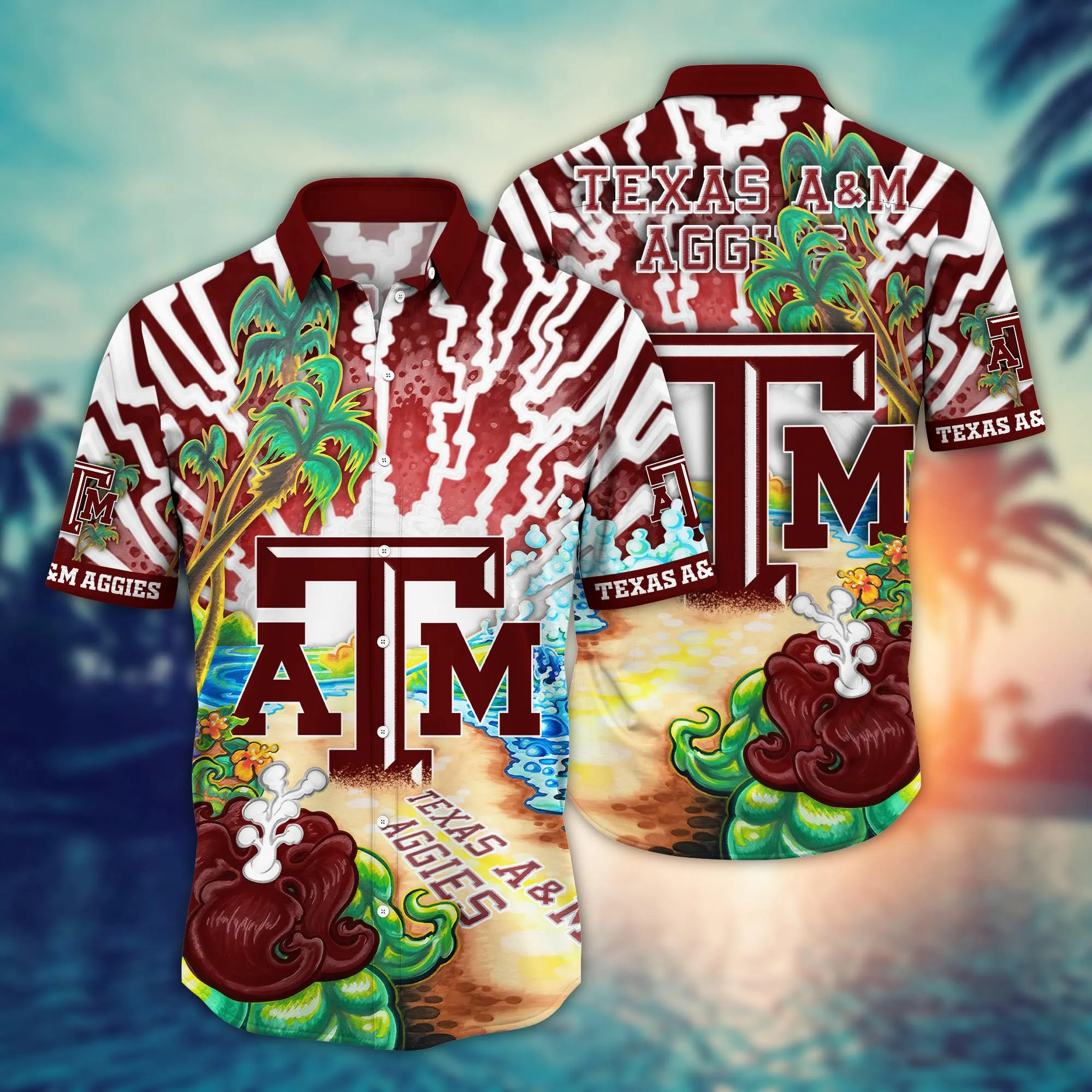Buildercar - Texas A&M Aggies Thunder Strike Beach Palm Tree Hawaiian Shirt