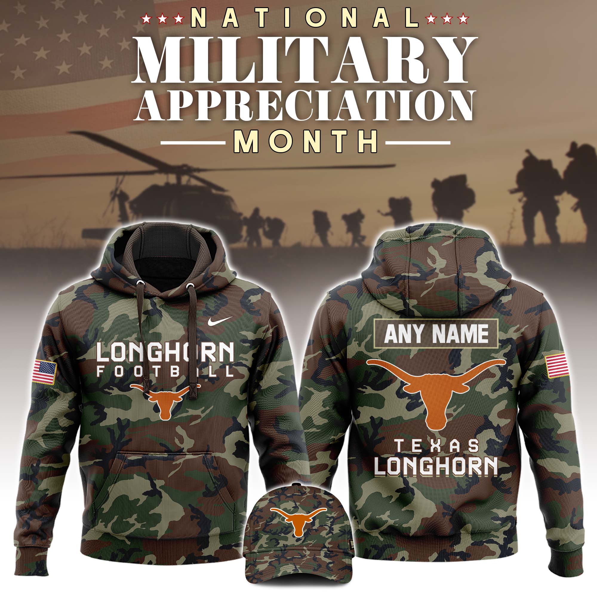 Buildercar - Texas Longhorns 2025 Military Camo NCAA Hoodie Tracksuit