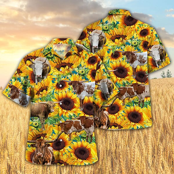 Buildercar - Texas Longhorns Cow Sunflowers Hawaiian Shirt