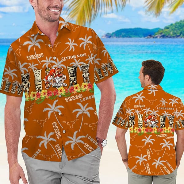 Buildercar - Texas Longhorns Tiki Pattern Customized Name Hawaiian Shirt