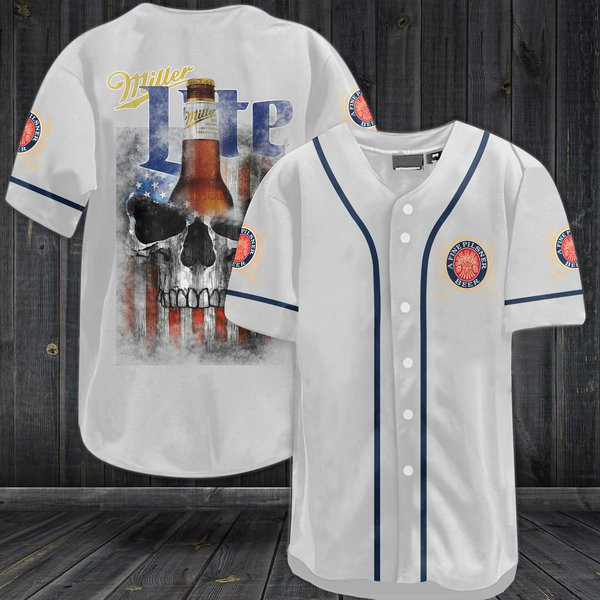 Buildercar - US Flag Black Skull Miller Lite Baseball Jersey