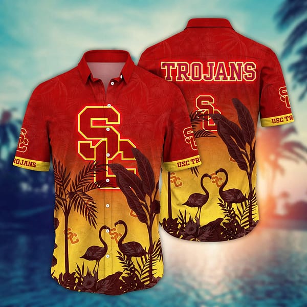 Buildercar - USC Trojans Flamingo Couple Tropical Leaf Hawaiian Shirt
