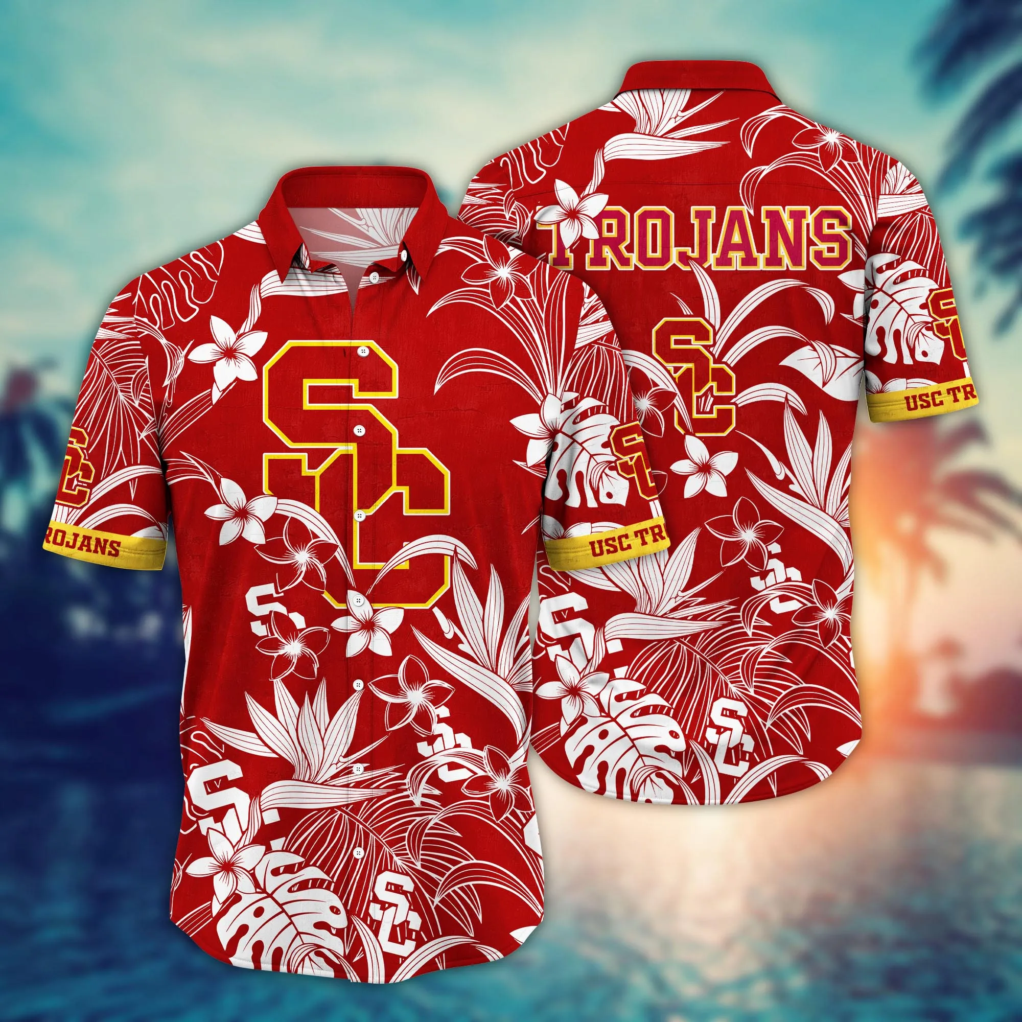 Buildercar - USC Trojans White Aloha Floral Hawaiian Shirt