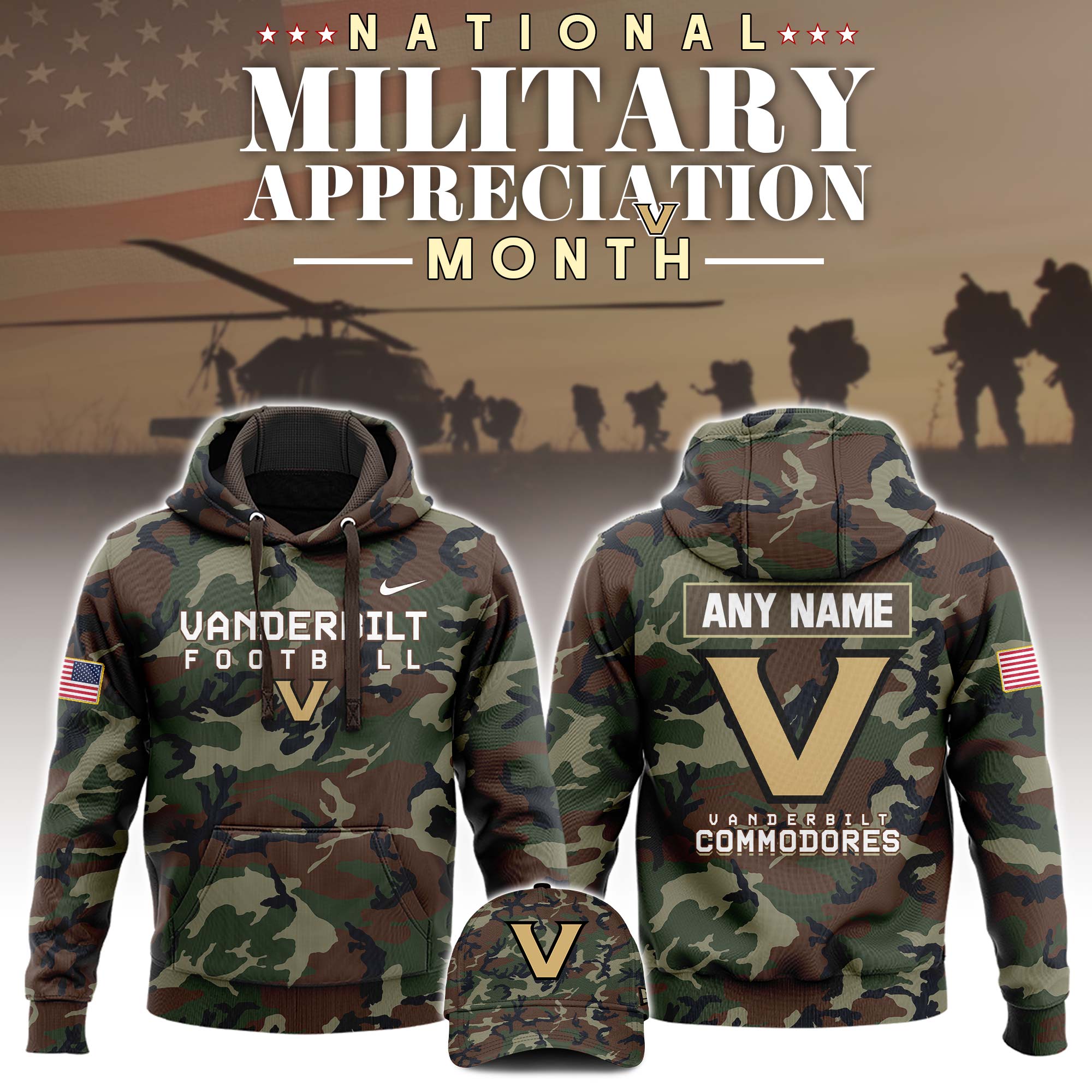 Buildercar - Vanderbilt Commodores Football 2025 Military Appreciation Custom Name NCAA Hoodie Tracksuit