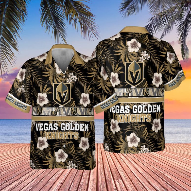 Buildercar - Vegas Golden Knights Striped Floral Hawaiian Shirt