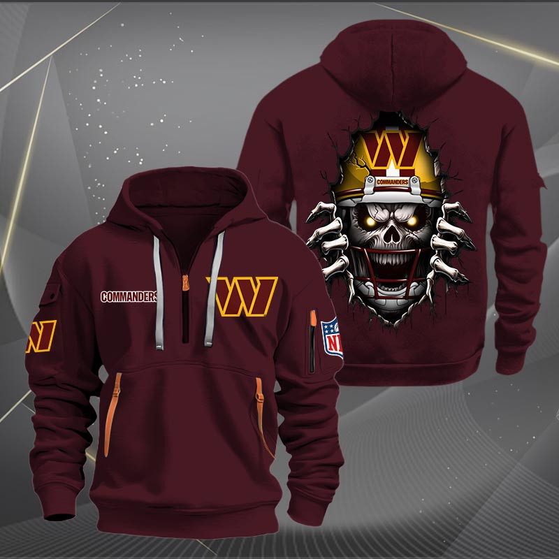 Buildercar - Washington Commanders Football Player Skull Quarter Zip Hoodie