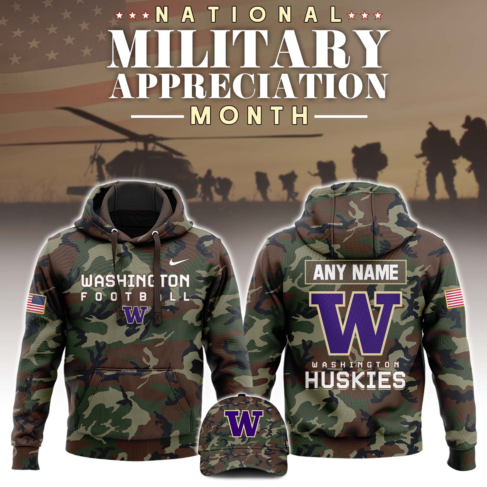 Buildercar - Washington Huskies Football 2025 Military Appreciation Custom Name NCAA Hoodie Tracksuit