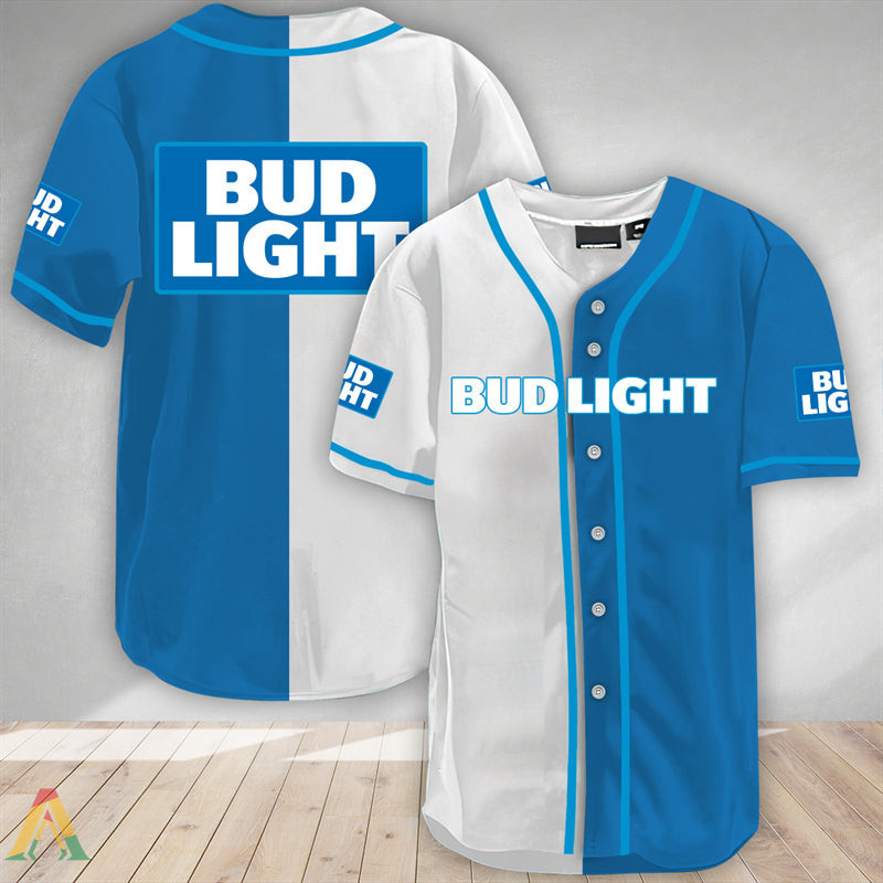 Buildercar - White And Blue Split Bud Light Baseball Jersey