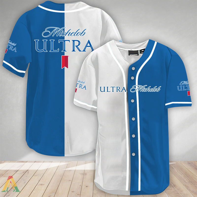 Buildercar - White And Blue Split Michelob Ultra Baseball Jersey