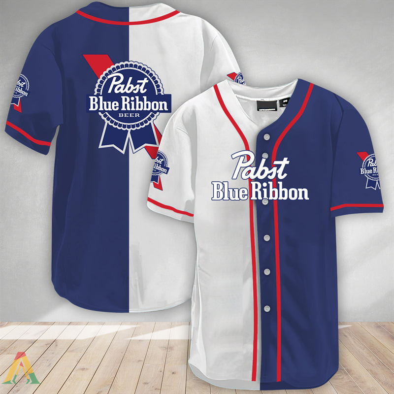 Buildercar - White And Blue Split Pabst Blue Ribbon Baseball Jersey