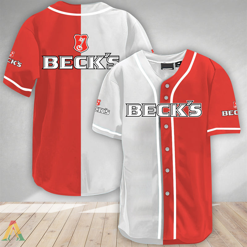 Buildercar - White And Red Split Beck's Beer Baseball Jersey