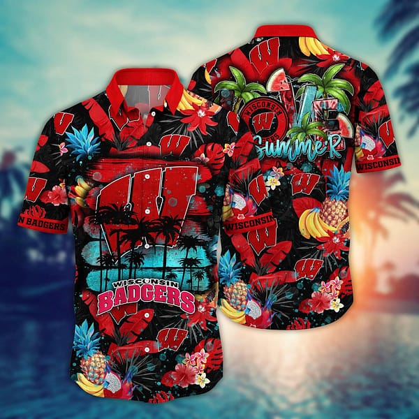 Buildercar - Wisconsin Badgers Black Palm Pineapple Hawaiian Shirt