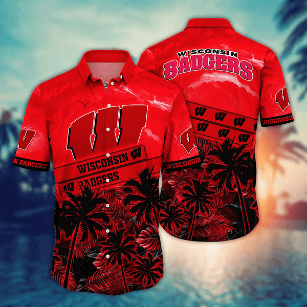Buildercar - Wisconsin Badgers Black Palm Tree Hawaiian Shirt