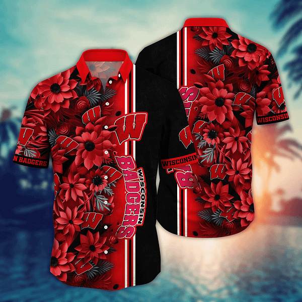 Buildercar - Wisconsin Badgers Botanical Red Flowers Aloha Hawaiian Shirt