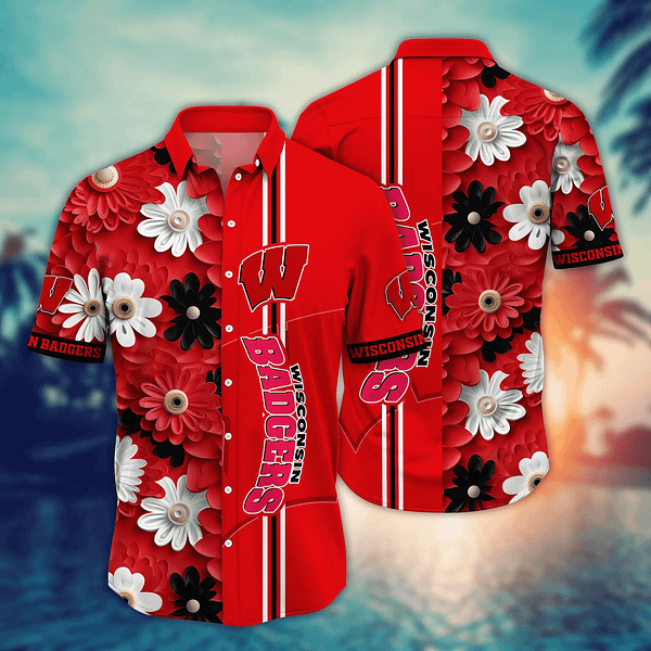 Buildercar - Wisconsin Badgers Brightly Colored Flower Hawaiian Shirt