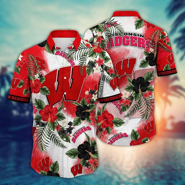 Buildercar - Wisconsin Badgers Flowered Aloha Hawaiian Shirt
