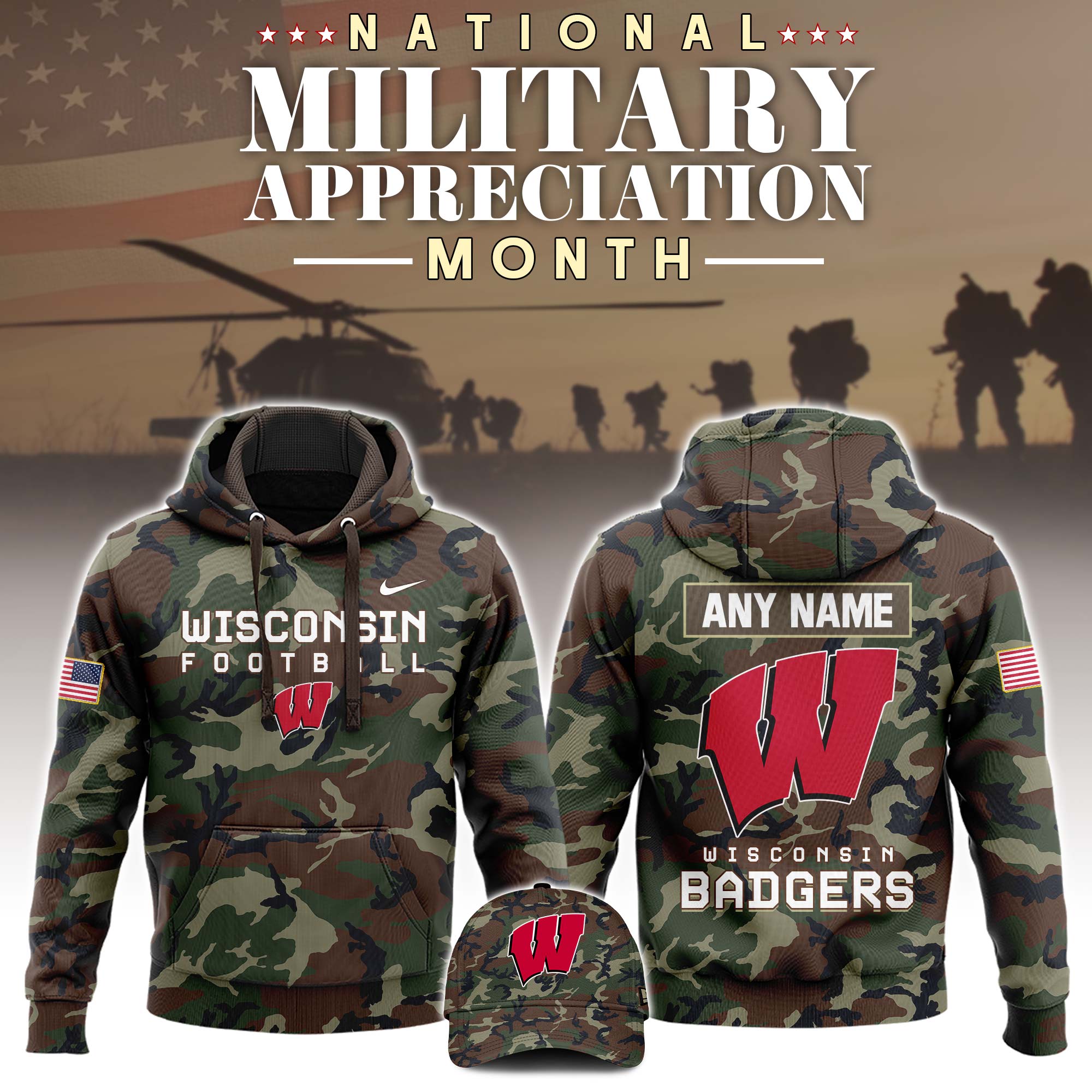 Buildercar - Wisconsin Badgers Football 2025 Military Appreciation Custom Name NCAA Hoodie Tracksuit
