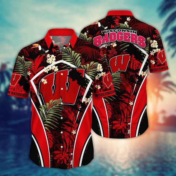 Buildercar - Wisconsin Badgers Logo Leaf Pattern Hawaiian Shirt