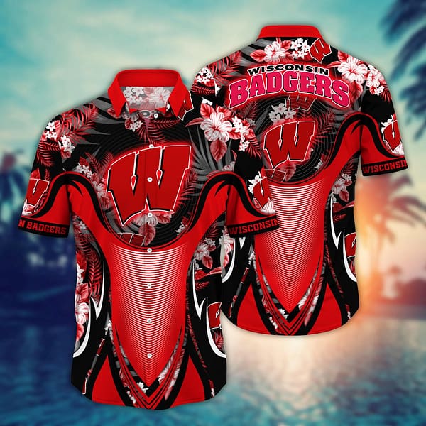 Buildercar - Wisconsin Badgers Tropical Leaf Armor Design Hawaiian Shirt