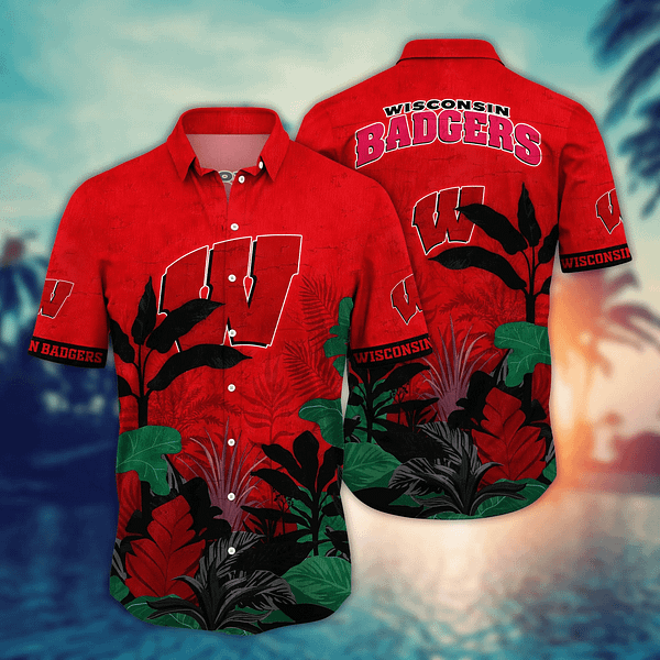 Buildercar - Wisconsin Badgers Tropical Leaf Hawaiian Shirt
