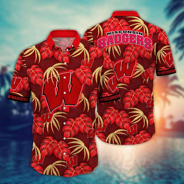 Buildercar - Wisconsin Badgers Tropical Leaf Hawaiian Shirt