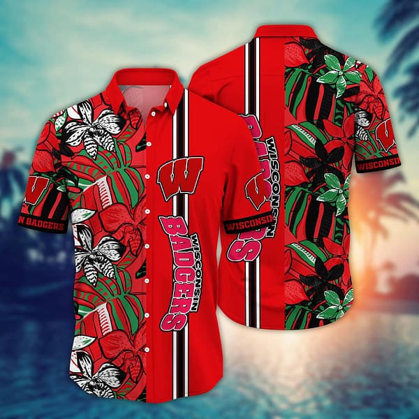 Buildercar - Wisconsin Badgers Tropical Leaf Hawaiian Shirt