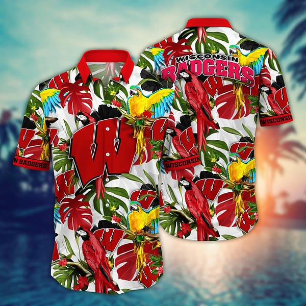 Buildercar - Wisconsin Badgers Tropical Parrot Leaf Hawaiian Shirt