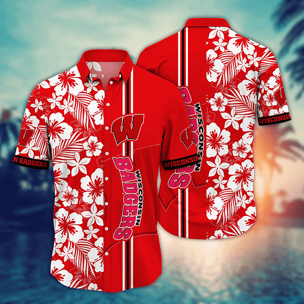 Buildercar - Wisconsin Badgers White Aloha Floral Hawaiian Shirt