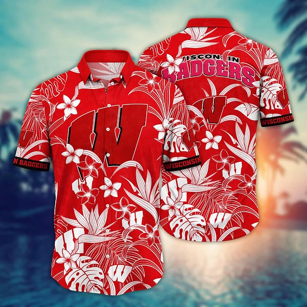 Buildercar - Wisconsin Badgers White Floral Hawaiian Shirt