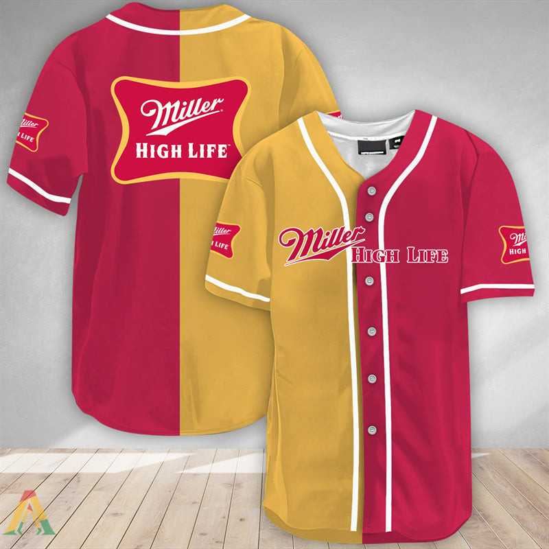 Buildercar - Yellow And Maroon Split Miller High Life Baseball Jersey