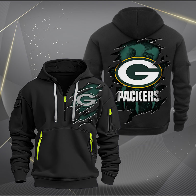 Buildercar - Green Bay Packers Scratch Logo NFL Quarter Zip Hoodie Style 236