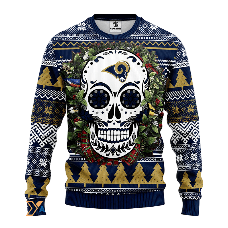 Ugly Christmas Sweater Skull Flower Winter Blend Blue/Beige/White