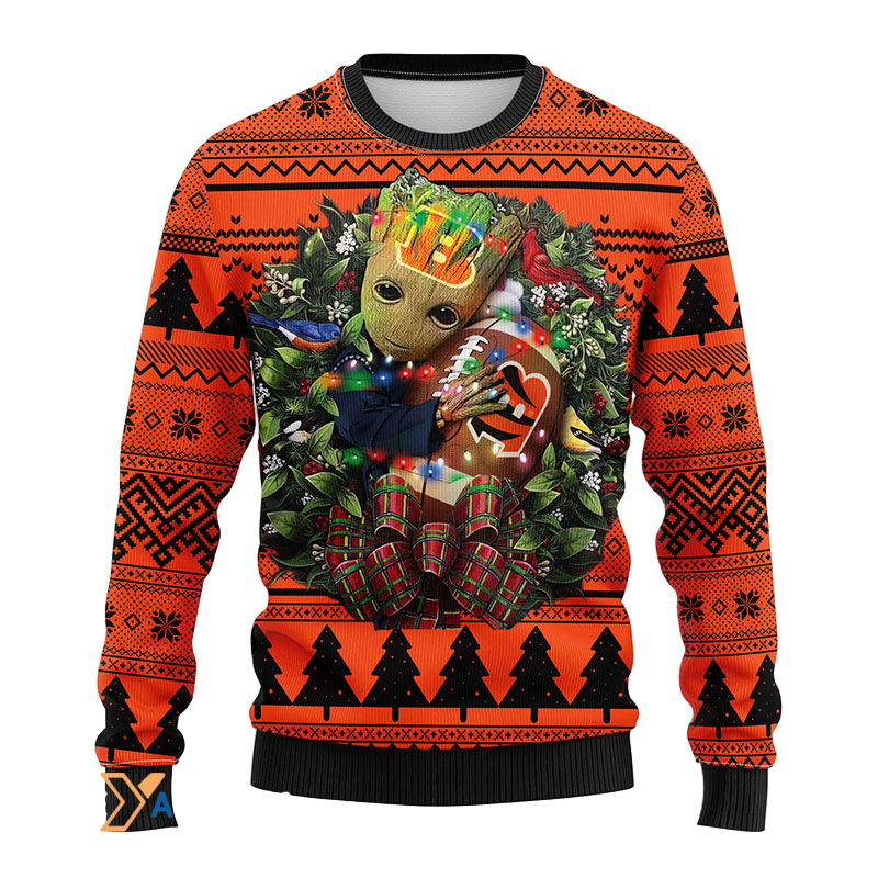 Festive Ugly Christmas Sweater Graphic Tree Print Black/Orange