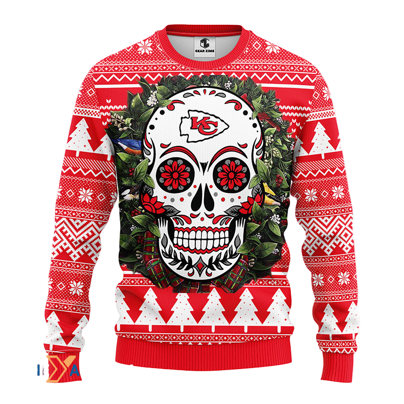 Red/White Skull Flower Ugly Christmas Sweater - Festive Fun Sweater
