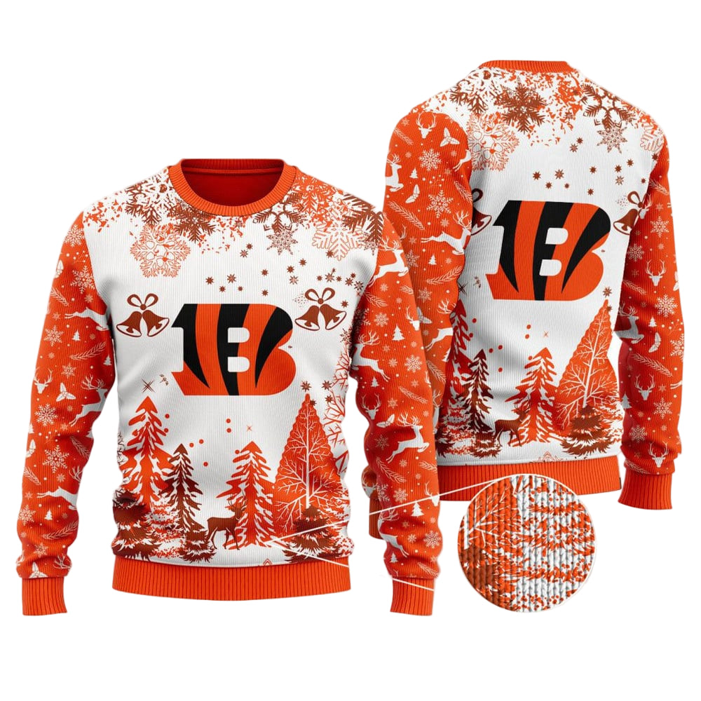 Ugly Christmas Sweater Cincinnati Grinch Snowflakes Orange White