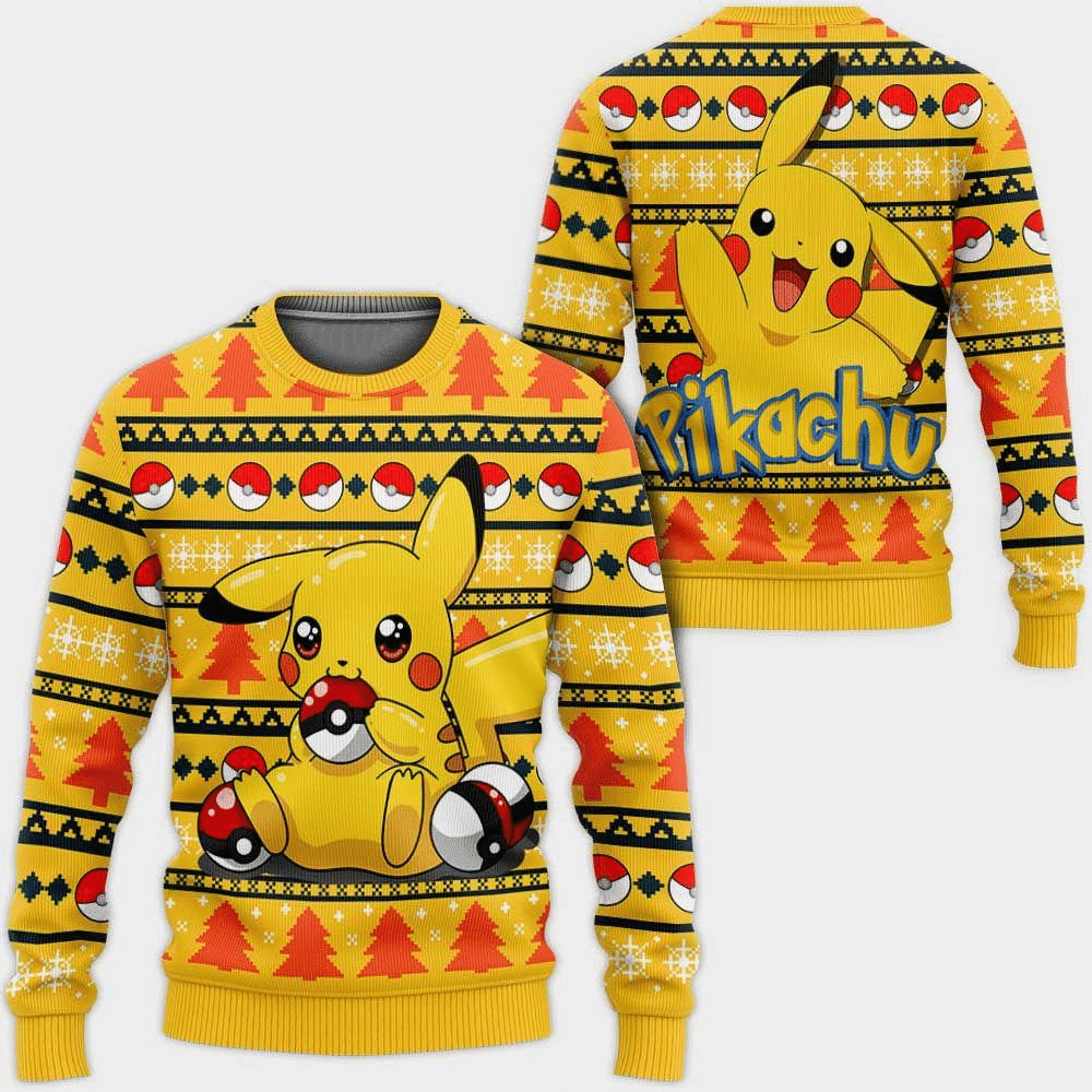 Ugly Christmas Sweater | Pikachu Anime Print Funny Holiday Sweater