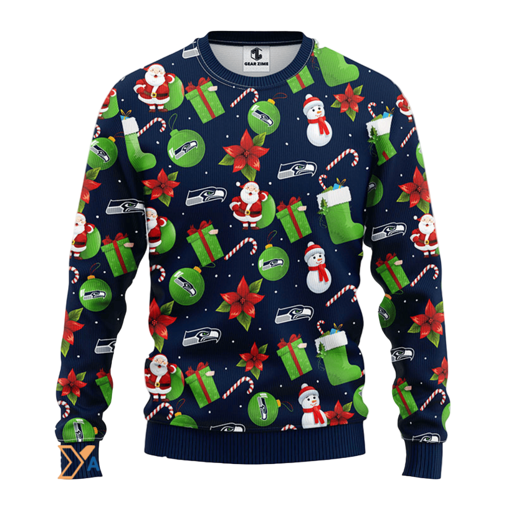 Festive Ugly Christmas Sweater Seattle Seahawks Santa Snowman Blue Green