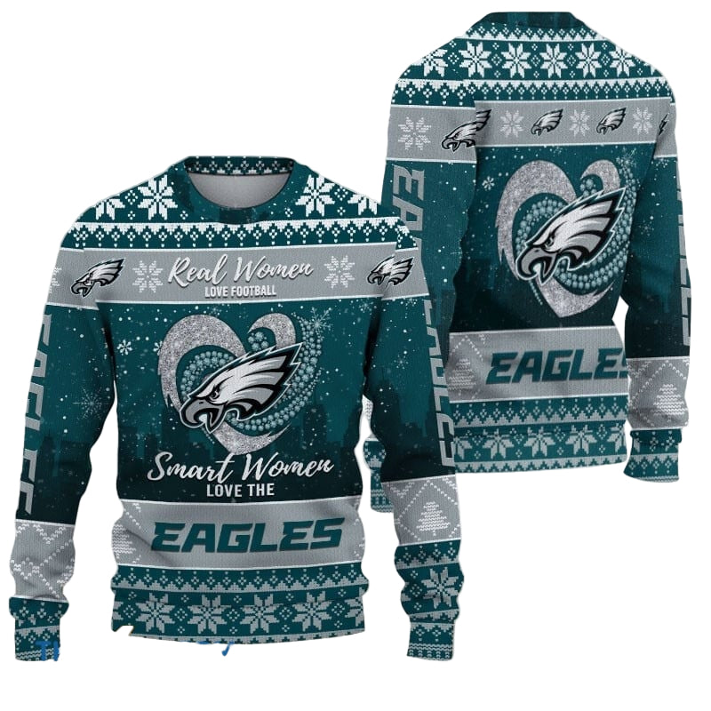 Christmas Sweater Philadelphia-Eagles Heart Snowflakes Teal Gray
