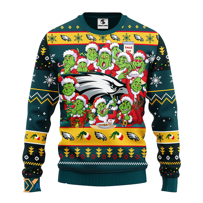 Festive Ugly Christmas Sweater Dark Green/Yellow Grinch Design