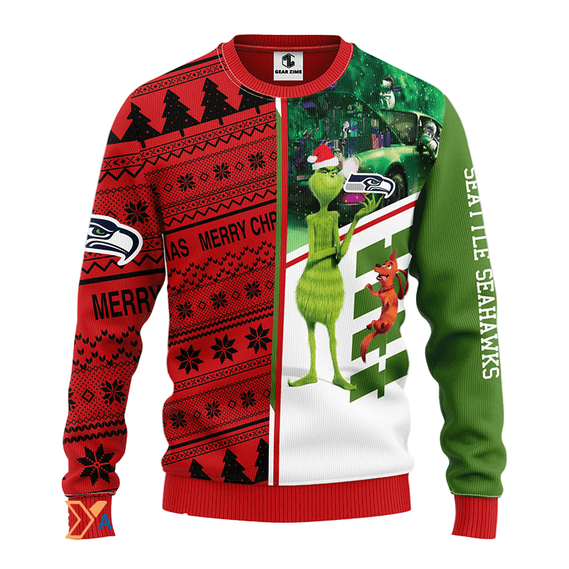 Christmas Ugly Sweater Seattle Seahawks Grinch Fun Holiday White/Red/Green