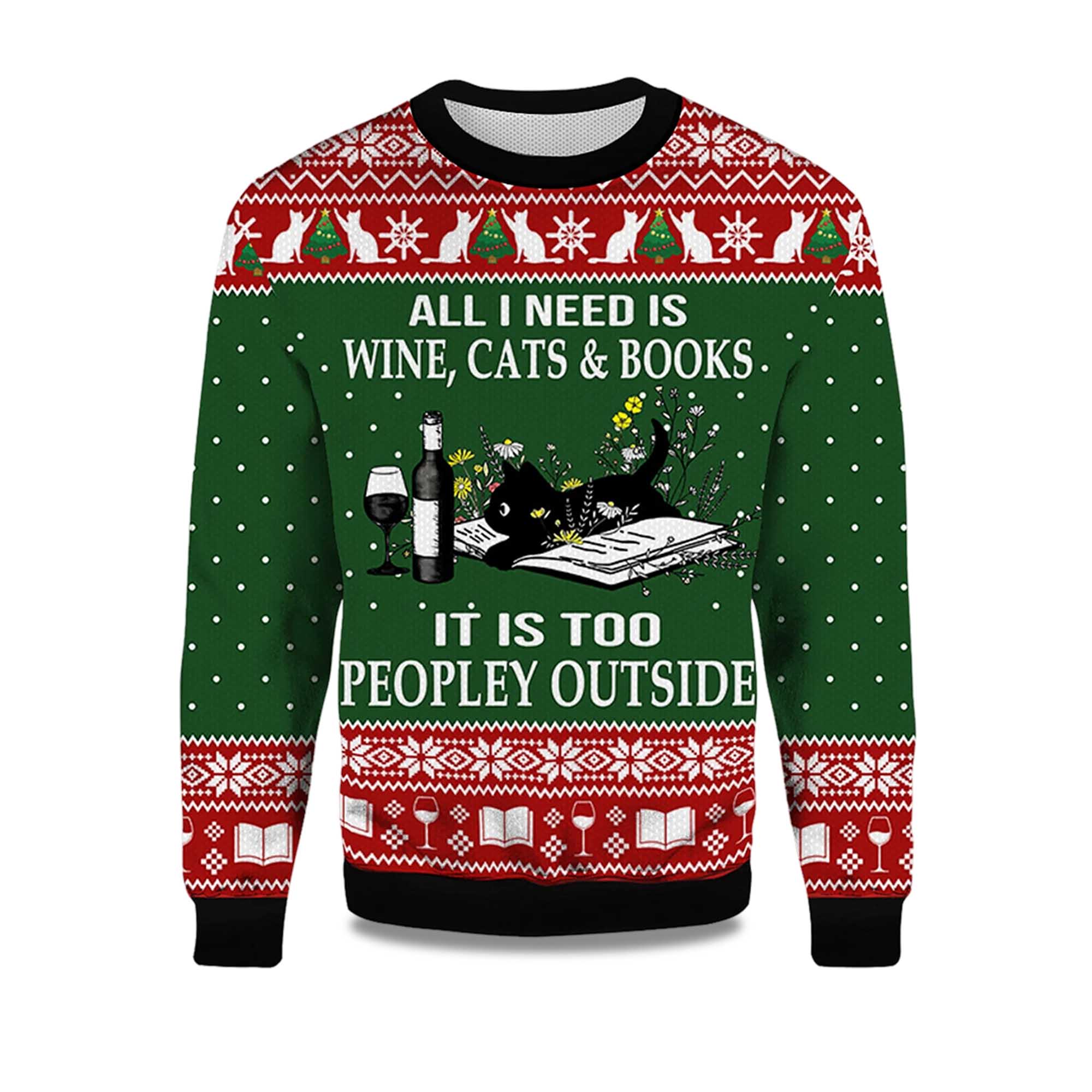Buildercar - 2025 All I Need Is Wine Cats And Books Black Cat Ugly Christmas Sweater