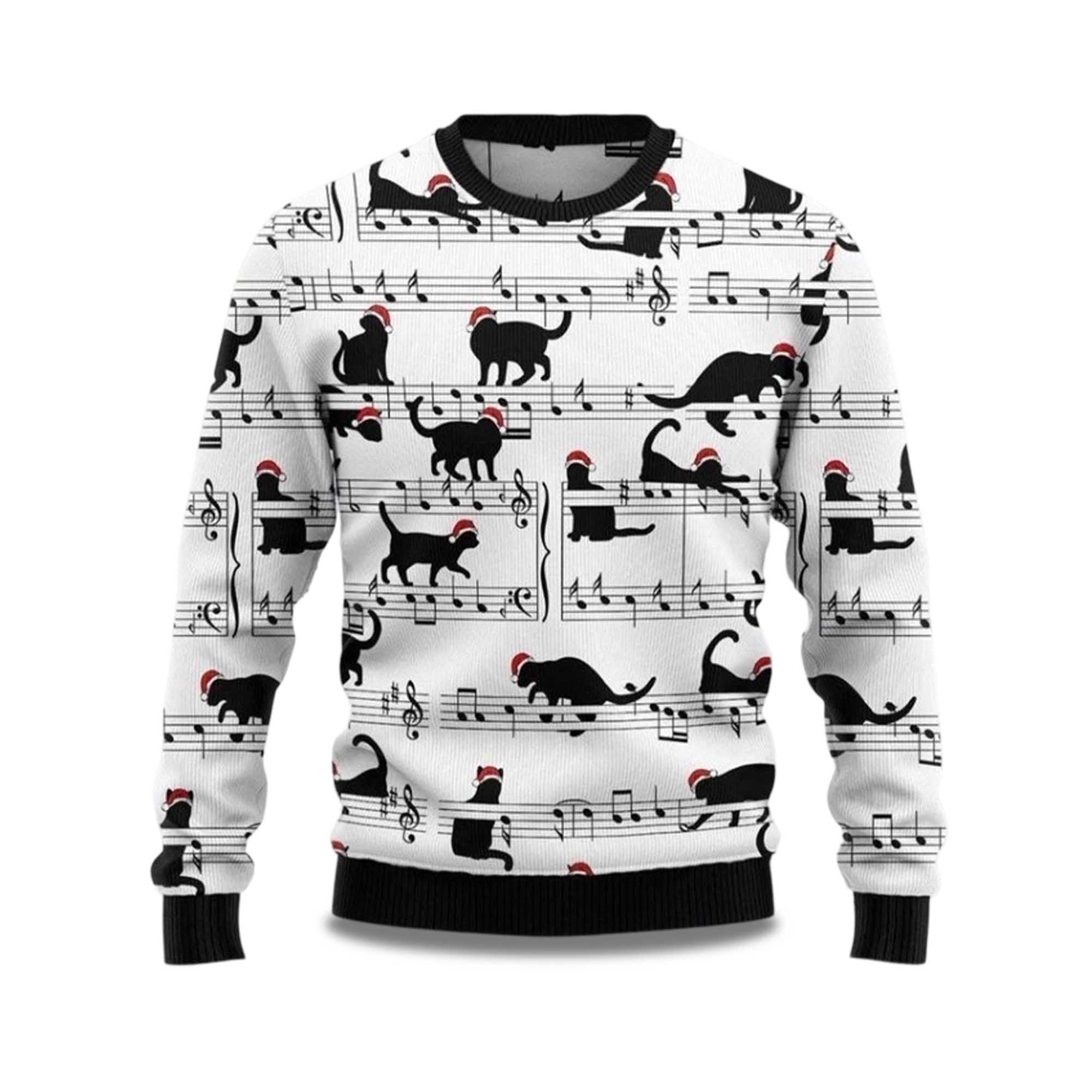 Buildercar - 2025 Black Cat Christmas Music Ugly Christmas Sweater
