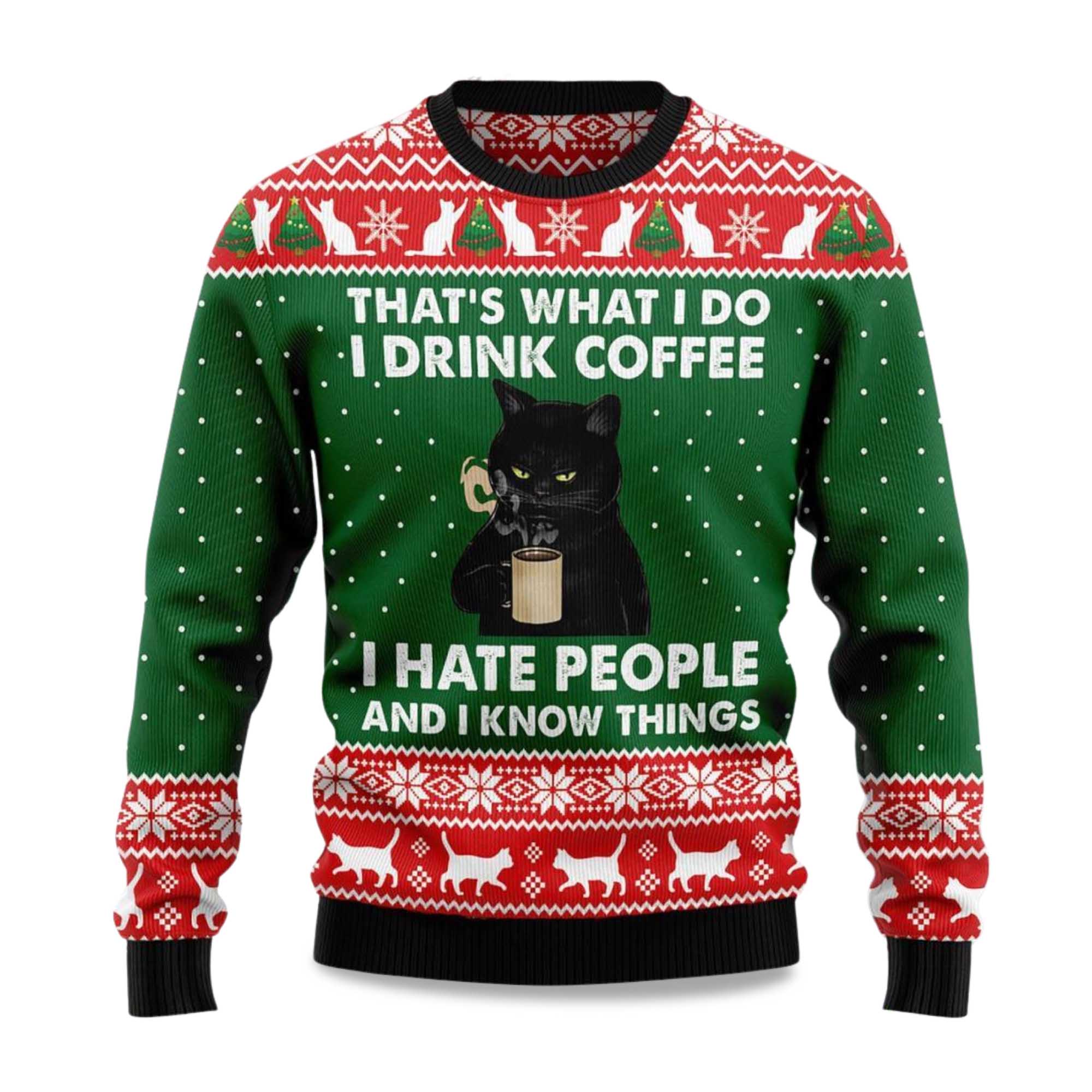 Buildercar - 2025 Black Cat Drink Coffee Christmas Ugly Sweater