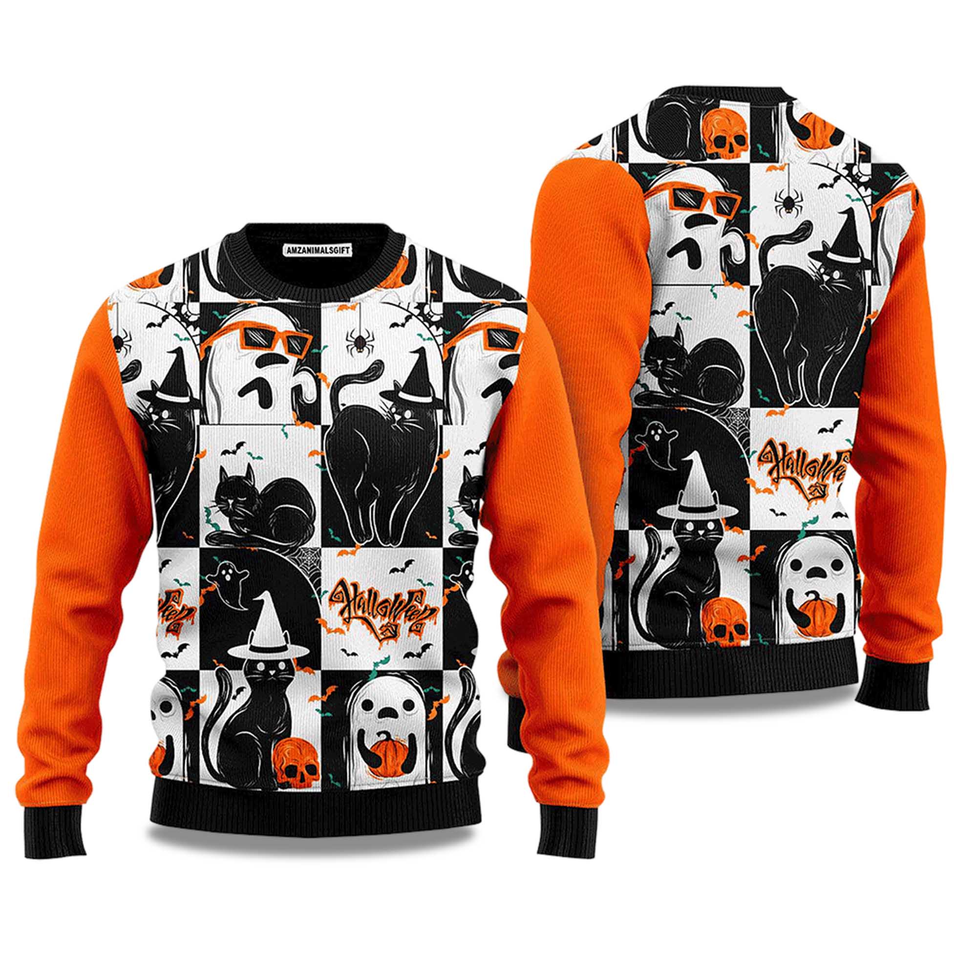 Buildercar - 2025 Black Cat & Ghost Holiday Halloween Ugly Sweater