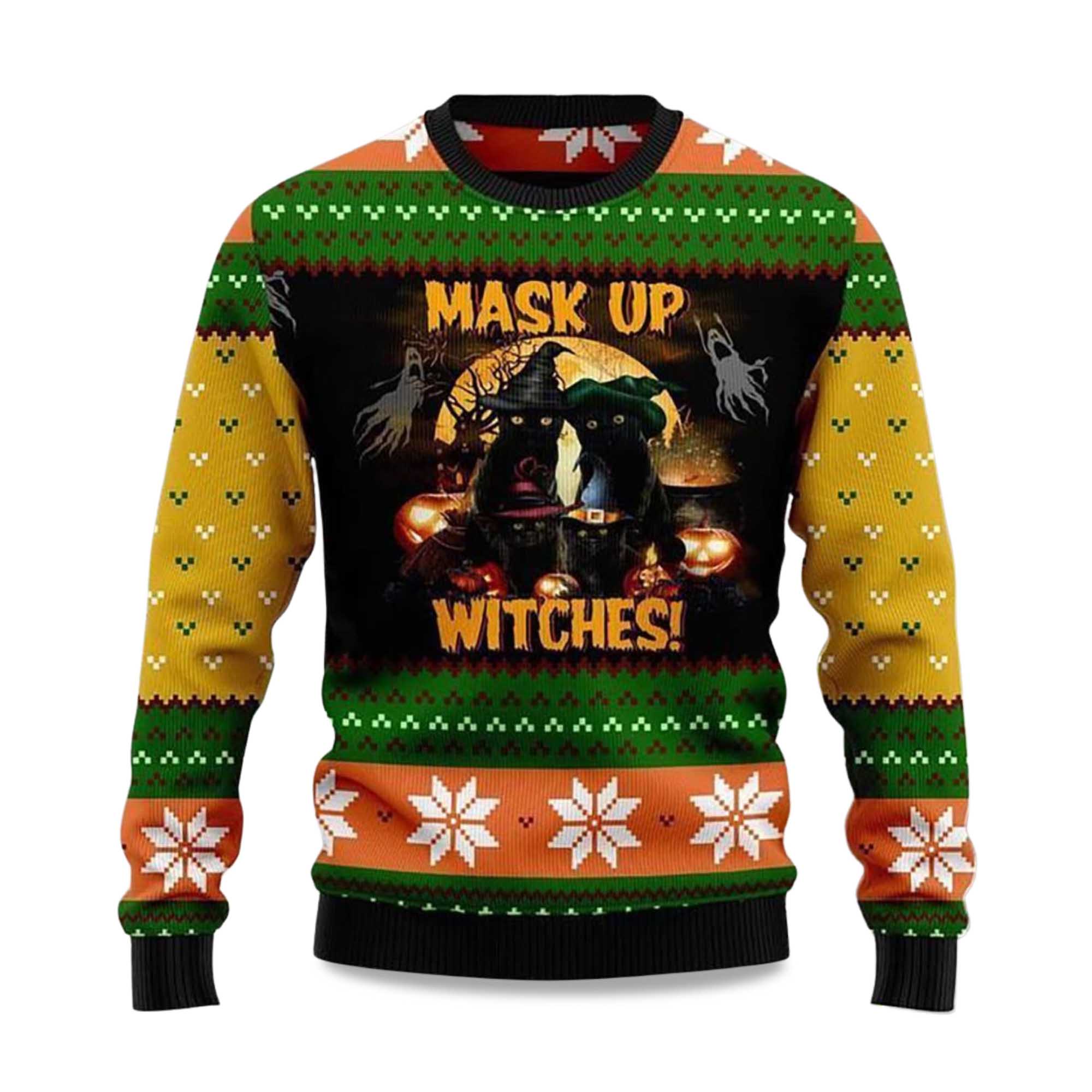 Buildercar - 2025 Black Cat Mask up Witches Ugly Christmas Sweater