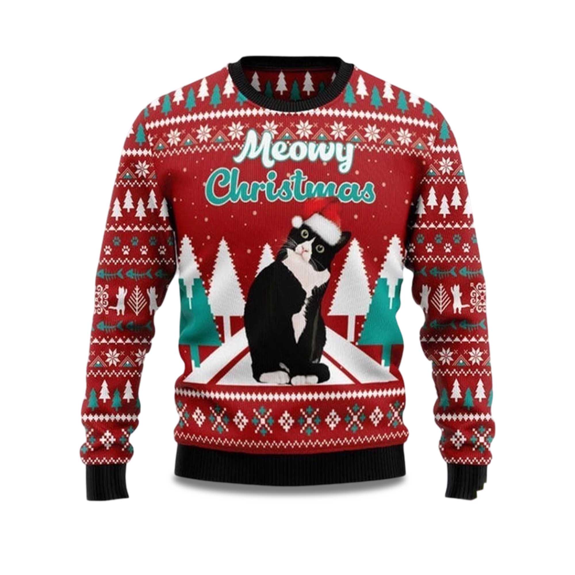 Buildercar - 2025 Black cat Meowy Christmas Ugly Christmas Sweater
