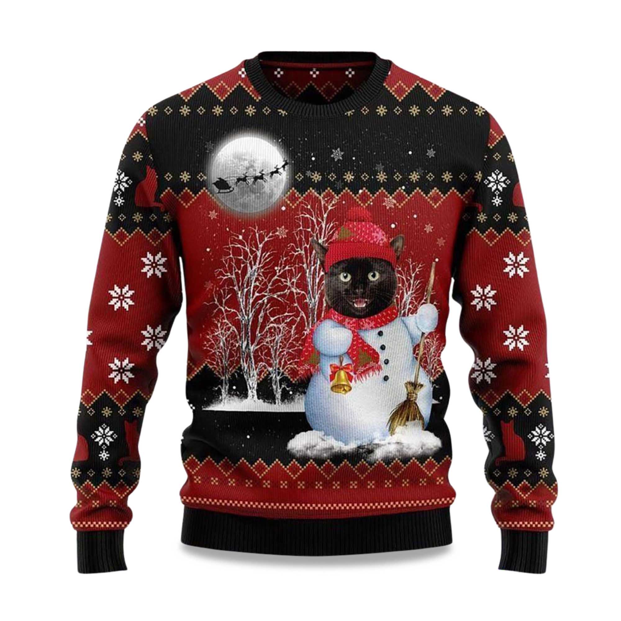 Buildercar - 2025 Black Cat Santa Snowman Ugly Christmas Sweater